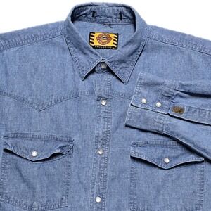 VTG Justin Original Workgear Denim Chambray Pearl Snap Shirt Mens XL Western